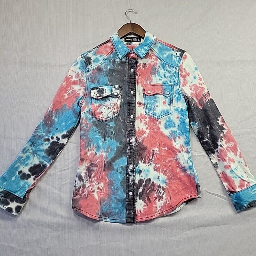 Monkey Ride Jeans Women's Multicolor Cotton Long Sleeve Collared Casual Jacket L